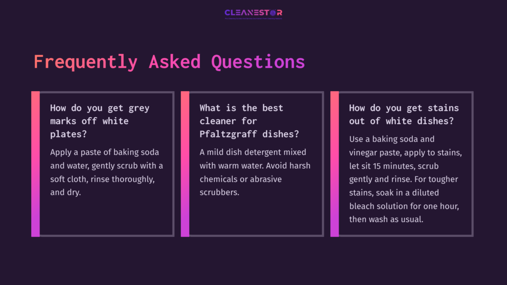 Three Sections Of Text On A Dark Background Highlight Faqs About Cleaning White Pfaltzgraff Dishes, Featuring Vibrant Colored Boxes.