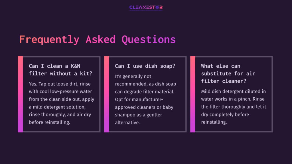 Text Displayed On A Dark Purple Background With White And Pink Accents, Featuring Faqs About Cleaning K&Amp;N Air Filters Without A Kit.