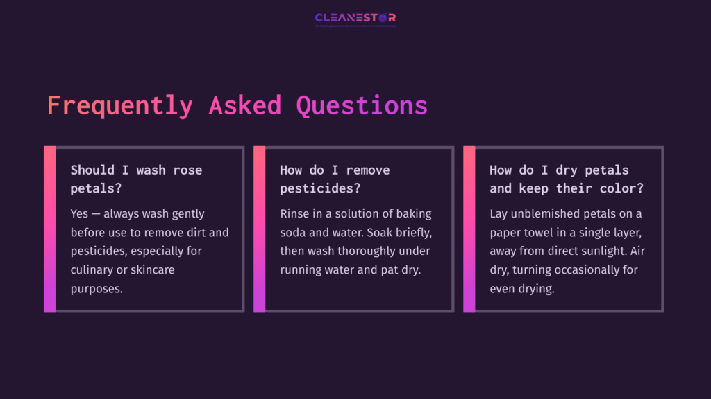 9 Frequently Asked Questions 41 Text Layout On A Dark Background With Three Columns, Each Containing A Question About Cleaning Rose Petals, Highlighted In Pink And White.