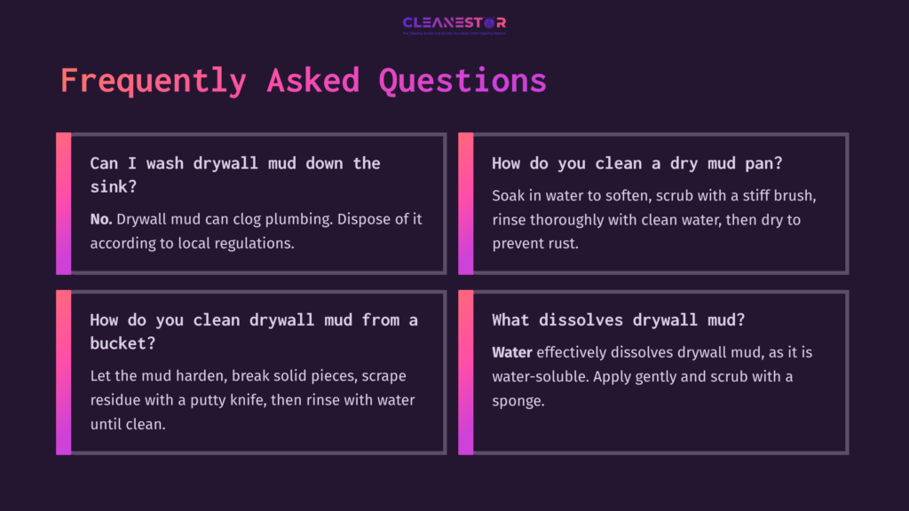 Four Panels On A Dark Background With White And Pink Text, Answering Faqs About Cleaning Drywall Mud Pans And Buckets.