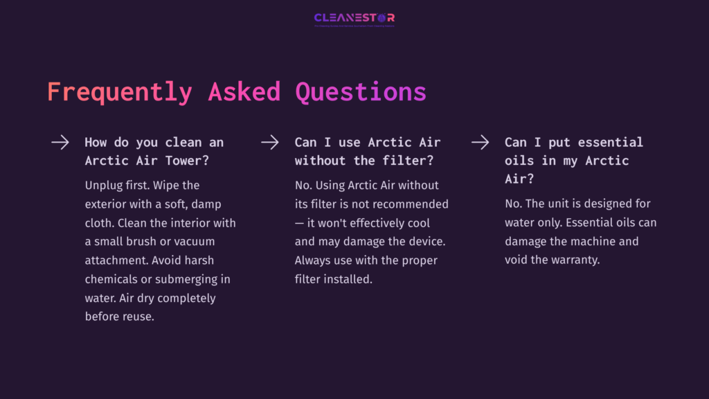 Faq Section On Cleaning Arctic Air Filters, Featuring Text In White On A Purple Background, With Arrows Indicating Related Questions.