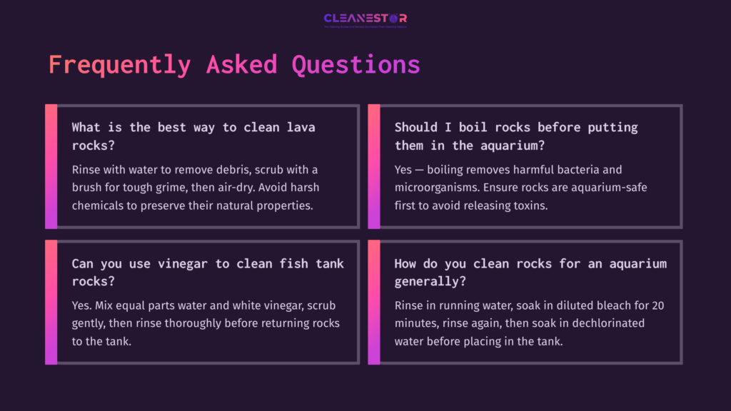 Faqs Section On Cleaning Lava Rocks For Aquariums, With Colorful Text Boxes On Dark Background Discussing Cleaning Methods And Tips.