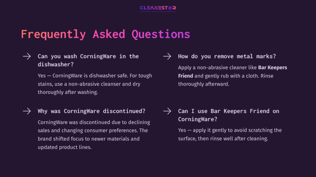 Faq Section On Cleaning Corningware, Featuring Bold Headings, Purple Background, And White Text With Questions And Answers.