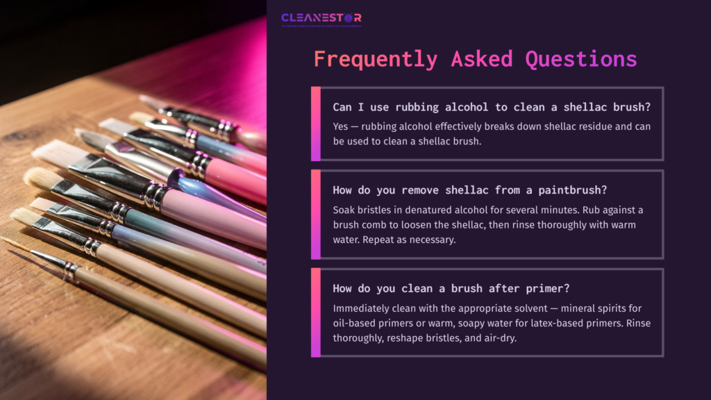 A Collection Of Paintbrushes Alongside A Guide For Cleaning Techniques, Presented On A Dual-Tone Background With Purple And Pink Sections.
