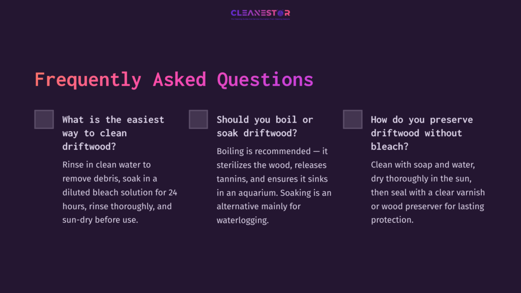 A Dark Purple Background With A Faq Layout, Featuring Three Questions And Checkboxes About Cleaning Driftwood Using Vinegar And Boiling.