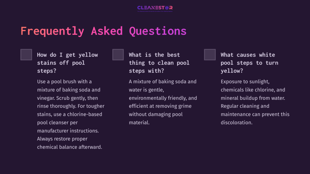 9 Frequently Asked Questions 48 Three Faq Boxes With Questions About Cleaning Pool Steps, Featuring Purple Background, White Text, And Checkboxes Beside Each Question.