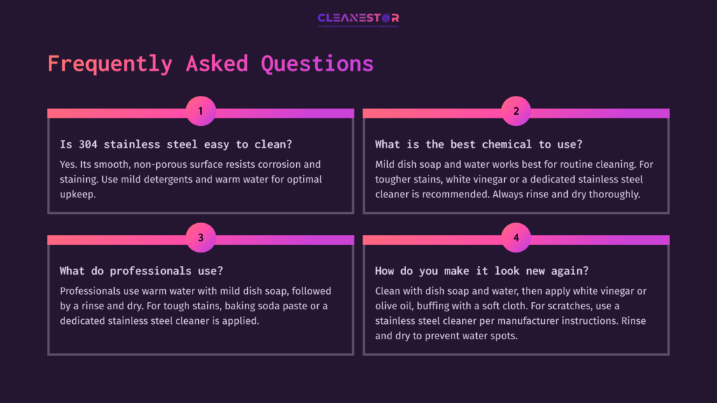 Four Text Boxes On A Dark Purple Background Display Faqs About Cleaning 304 Stainless Steel, Using White And Light Pink Text.