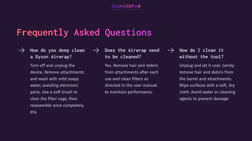 9 Frequently Asked Questions 50 Purple Background Featuring A Faq Layout With Three Questions And Arrows, Emphasizing Cleaning Tips For The Dyson Airwrap.
