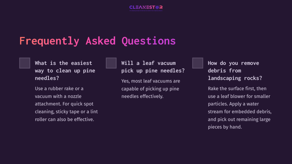 9 Frequently Asked Questions 51 Purple Background With White Text Outlines Faqs About Cleaning Pine Needles And Debris, Featuring Checkboxes For Answers.