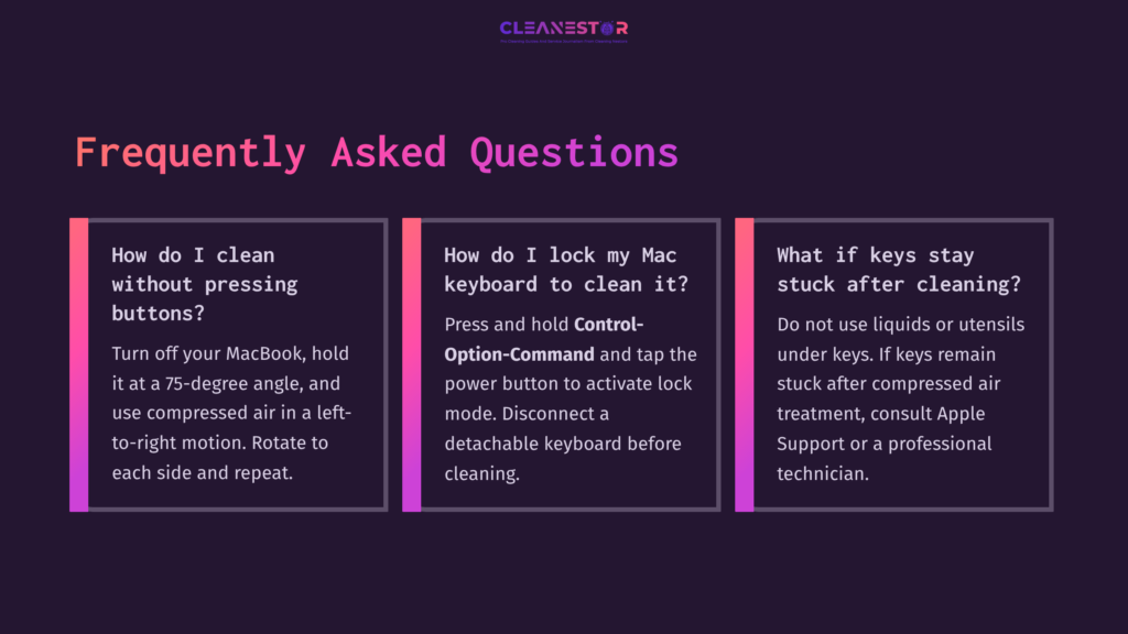 Four Colorful Panels With A Dark Background Present Frequently Asked Questions About Cleaning A Macbook Keyboard. Text Is In White And Pink.