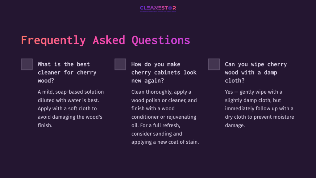 Text On A Dark Purple Background Includes Faqs About Cleaning Cherry Wood Cabinets, Featuring Questions And Answers In A Clear Layout.