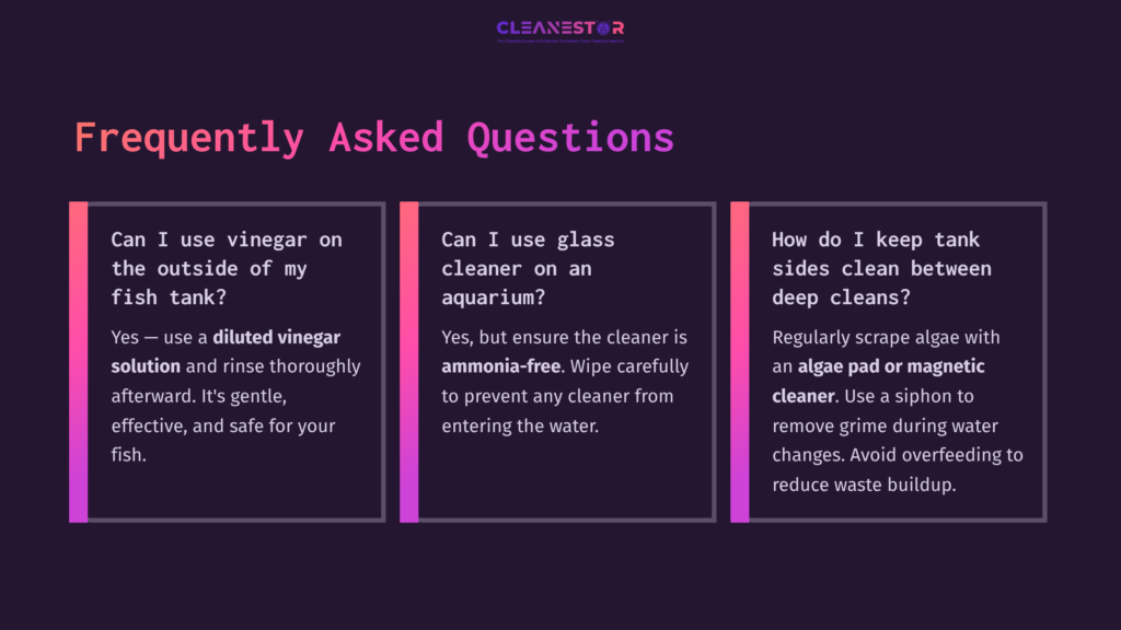 Three Faq Panels On A Purple Background, Detailing Cleaning Tips For Fish Tanks With White Text And Colored Borders.