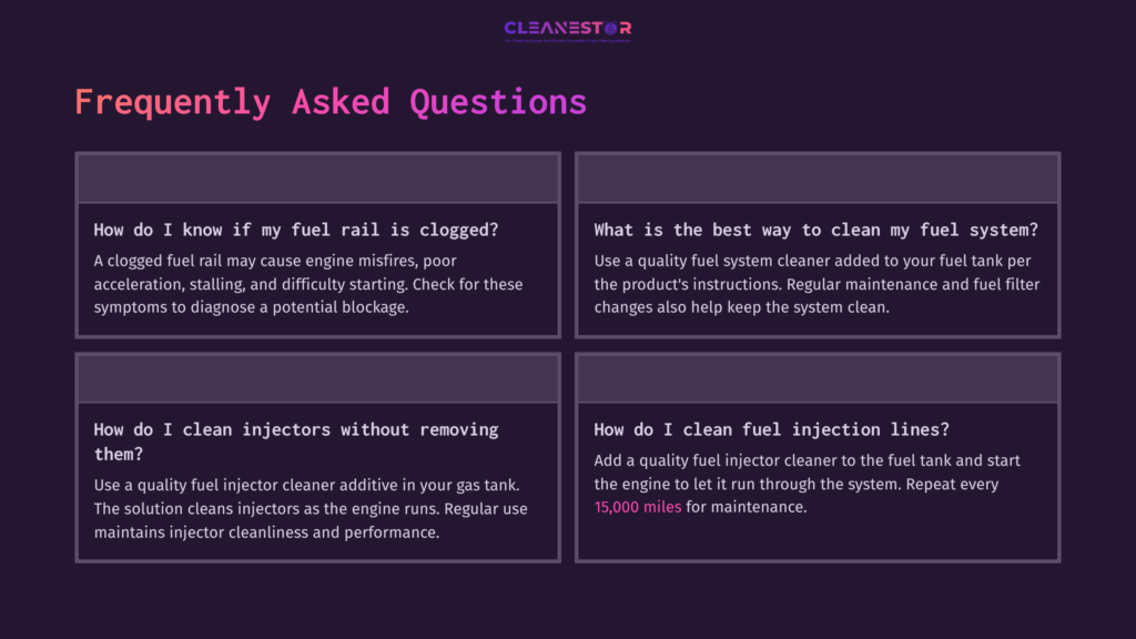 Four Text Boxes With White Backgrounds Contain Faqs About Cleaning A Fuel Rail And Injectors, Set Against A Dark Purple Backdrop.