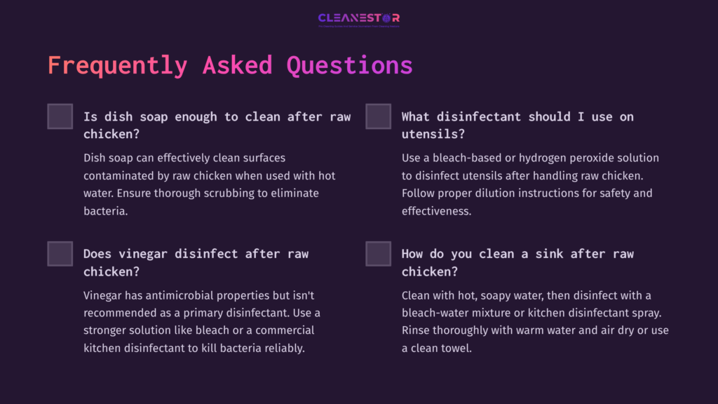 Text On A Purple Background Outlines Faqs About Cleaning Dishes And Utensils After Handling Raw Chicken, With Bold Headings And Clear Instructions.