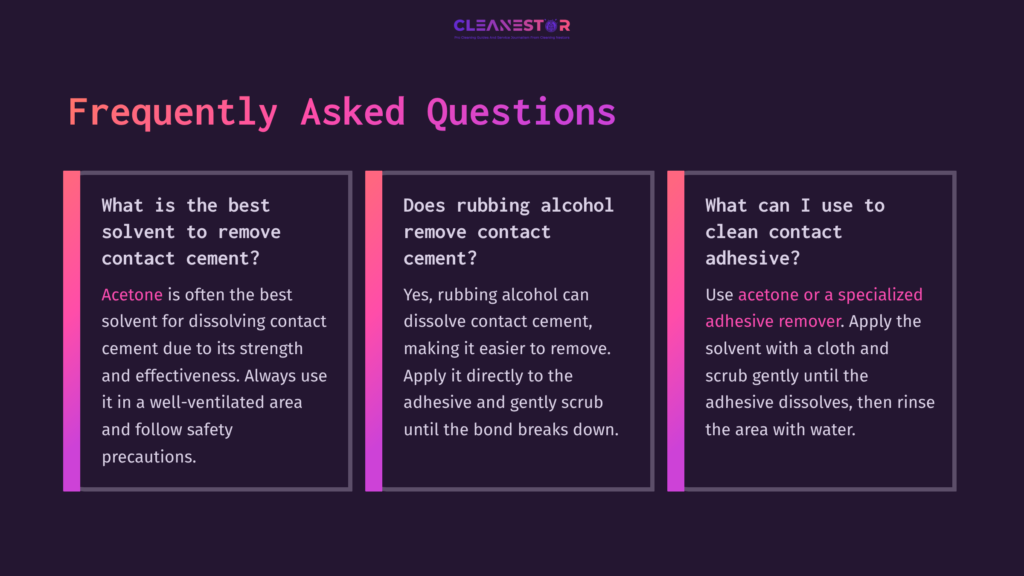 Three Vertically Arranged Panels On A Dark Background With Pink And White Text. Each Panel Contains A Question And Answer About Cleaning Contact Cement And Adhesives.