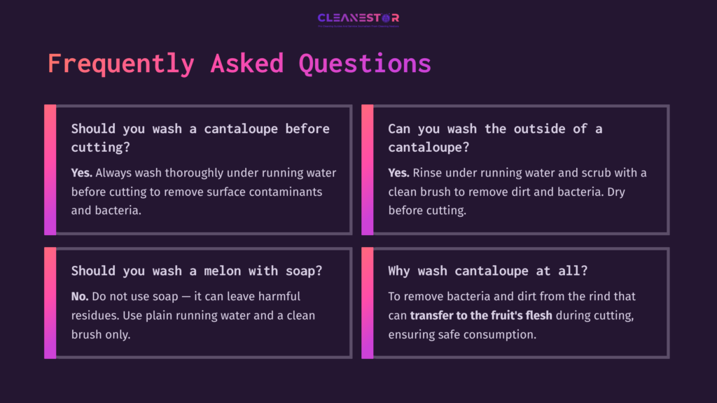 Four Quadrants With Faqs On Cantaloupe Cleaning. Dark Background With White Text. Bulleted Questions In Each Section, Clear And Organized Layout.