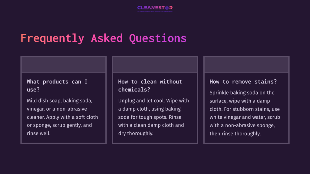 Text On A Dark Purple Background With Three Sections: &Quot;Frequently Asked Questions.&Quot; Each Section Offers Cleaning Tips For Electric Hot Plates.
