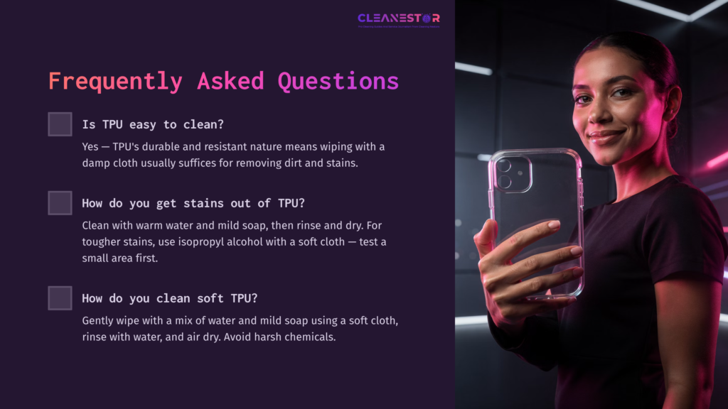 A Woman Smiling, Holding A Clear Smartphone Case, With Text On The Left Detailing Cleaning Tips For Tpu Material Against A Dark Background.