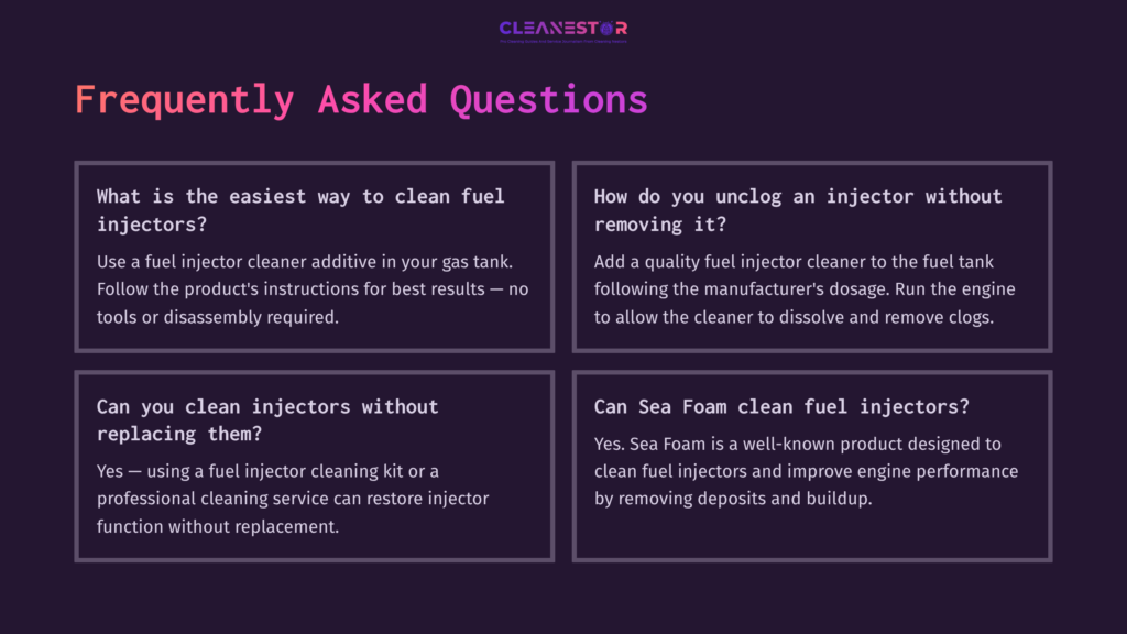 Text On A Dark Background With A Purple Accent, Featuring Faqs About Cleaning Fuel Injectors And Using Cleaner Additives.