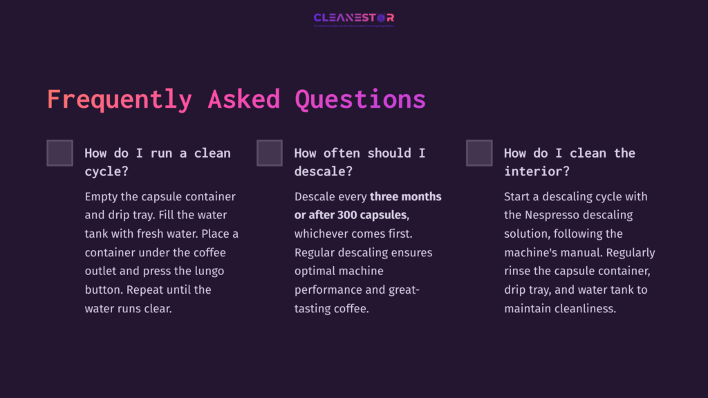 Purple Background With White And Pink Text. Three Faq Sections With Questions About Cleaning And Maintaining A Nespresso Pixie Machine.