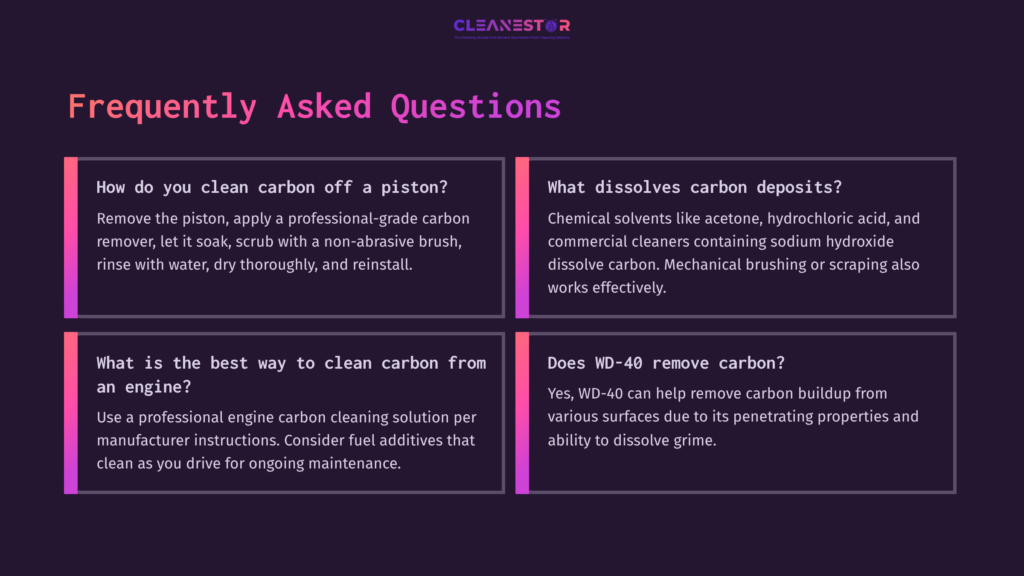 Four Rectangular Boxes With Purple And Pink Accents Contain Faqs About Cleaning Carbon From Pistons, With Bold Headings And Concise Answers.