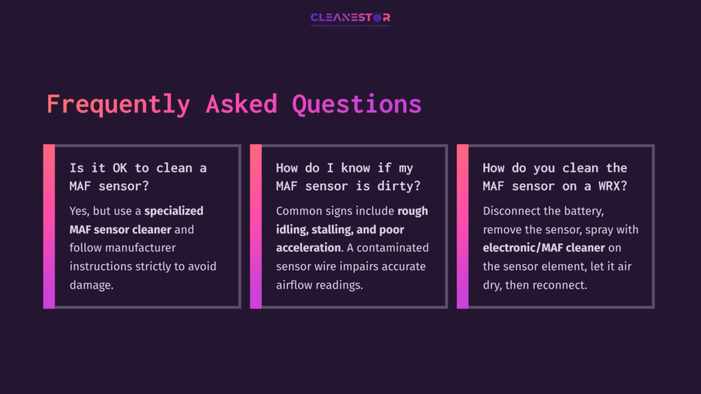 Three Rectangular Text Boxes On A Dark Background; Pink And White Text Discusses Maf Sensor Cleaning And Troubleshooting Tips.