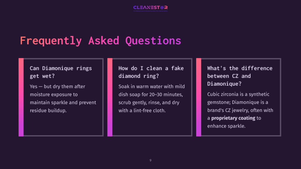 Three Pink And Purple Panels On A Dark Background, Featuring Faqs About Cleaning Diamonique Rings, With Clean, Bold Text.