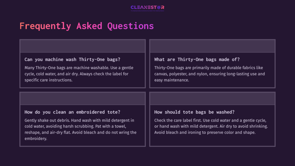Four Dark Purple Boxes With White Text, Featuring Faq On Cleaning Thirty-One Bags, Detailing Washing Methods And Materials Used.