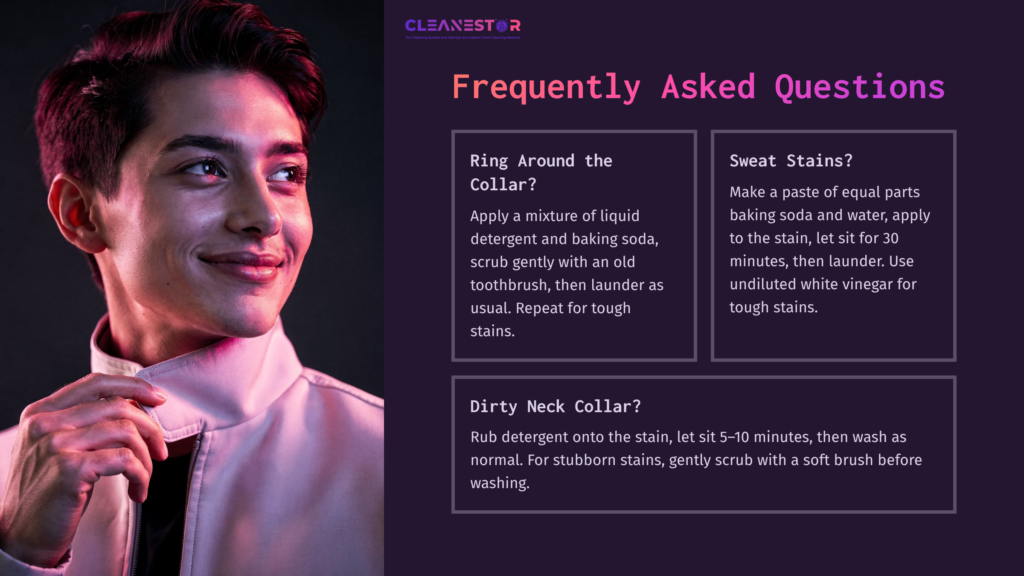 9 Frequently Asked Questions 8 A Young Person Smiles While Wearing A Light-Colored Jacket. Text On The Side Provides Cleaning Tips For Collar Stains.