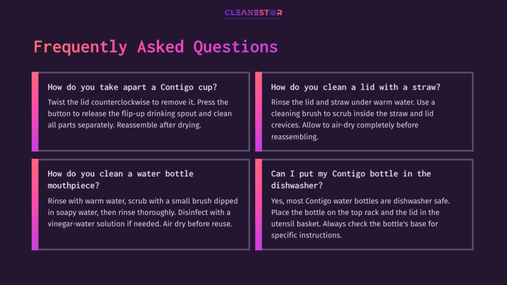 Four Faq Boxes Featuring White Text On A Dark Purple Background. Topics Include Cleaning A Contigo Cup, Water Bottle, And Dishwasher Usage.