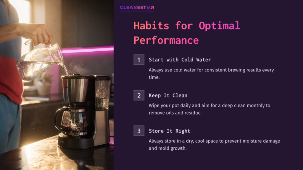 A Person Pours Cold Water Into A Bunn Coffee Maker, Accompanied By Tips For Optimal Coffee Pot Maintenance In Bold Text.
