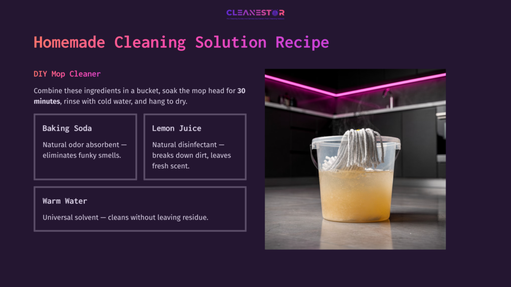 A Clear Container With A Soaked Mop, Baking Soda, Lemon Juice, And Warm Water, Set Against A Dark Purple Background With Pink Accents.