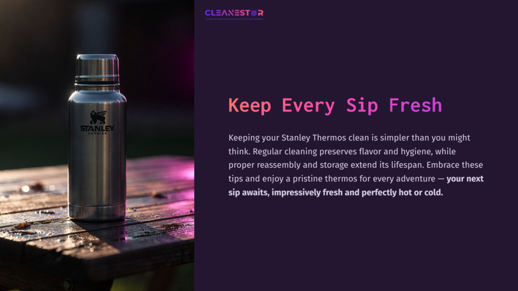 Stainless Steel Stanley Thermos On A Surface, With Text Emphasizing Tips For Cleaning And Maintaining Its Freshness And Performance.