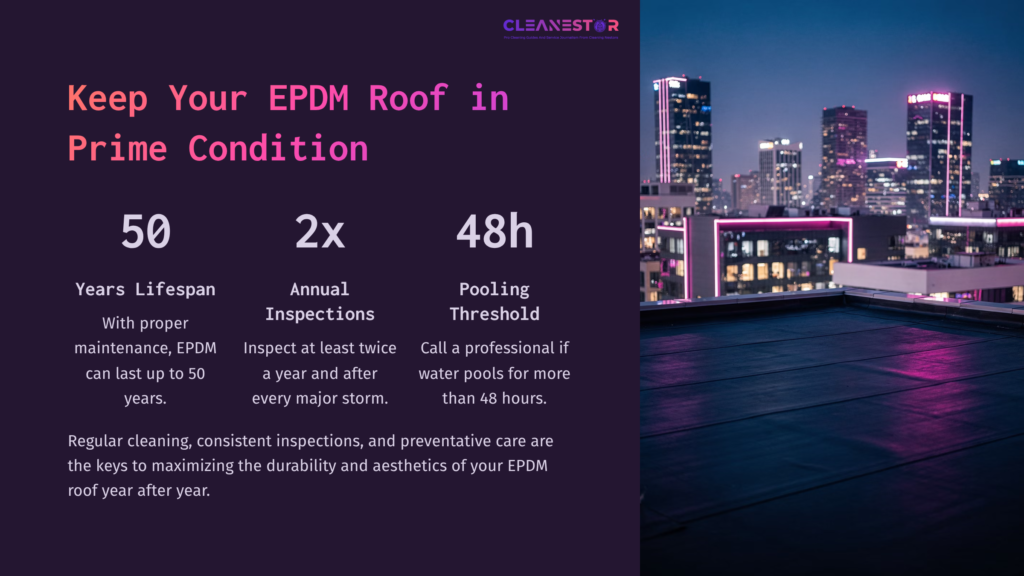 9 Keep Your Epdm Roof In Prime Condition Text On A Dark Background Highlights Epdm Roof Care Tips, With A City Skyline At Sunset In The Background, Featuring Vibrant Lights.
