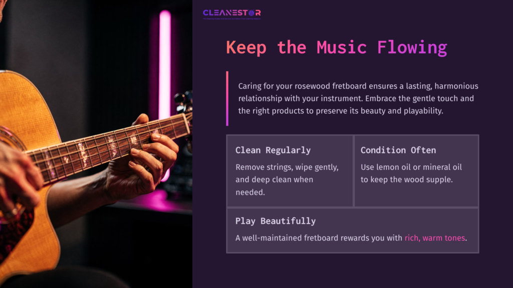 9 Keep The Music Flowing A Person Gently Cleaning A Rosewood Fretboard On A Guitar, With Warm Tones And Informative Text About Maintenance And Care.