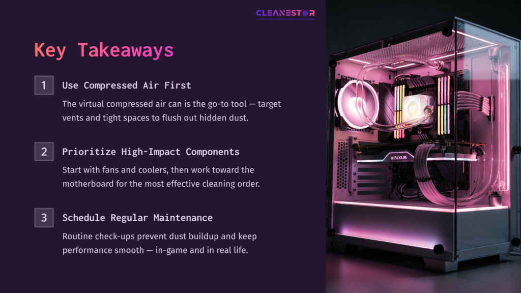 A Sleek Pc Case With Pink Led Lighting, Displaying Internal Components, Alongside Key Takeaways On A Dark Purple Background.
