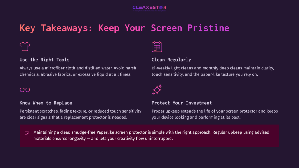 Text On A Gradient Background Lists Tips For Cleaning And Maintaining A Paperlike Screen Protector, Featuring Headings In Bold And Organized Layout.