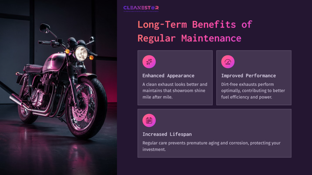 A Black Motorcycle Stands Prominently In A Dim, Purple-Lit Setting, Accompanied By Text Highlighting Maintenance Benefits.