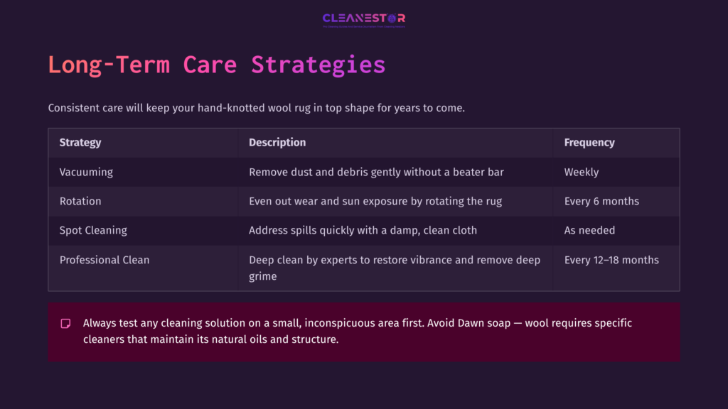 Text-Based Graphic Featuring 'Long-Term Care Strategies' For Hand-Knotted Wool Rugs, With Bullet Points On Cleaning Methods And Care Tips.