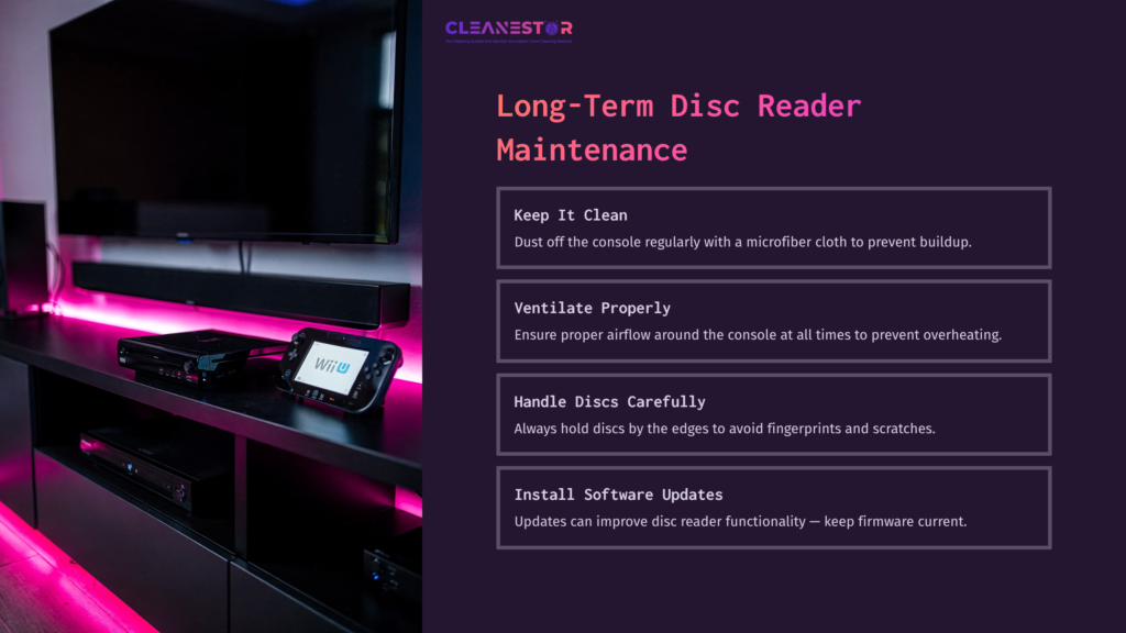 9 Long Term Disc Reader Maintenance A Sleek, Modern Gaming Setup Featuring A Wii U Console, Tv, And Ambient Pink Lighting, With Maintenance Tips Displayed Beside It.