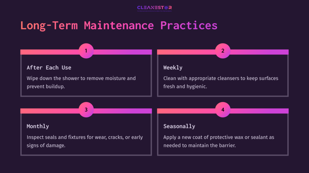 Colorful Infographic Outlining Long-Term Maintenance Practices For Rv Showers, Featuring A Dark Background With Sections Labeled After Each Use, Weekly, Monthly, And Seasonally.
