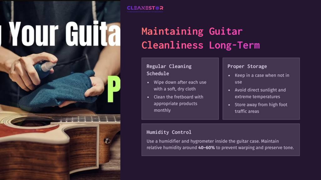 Hand Cleaning A Guitar'S Body With A Blue Cloth, Beside Text On Maintaining Guitar Cleanliness Long-Term, Featuring Bold Colors.