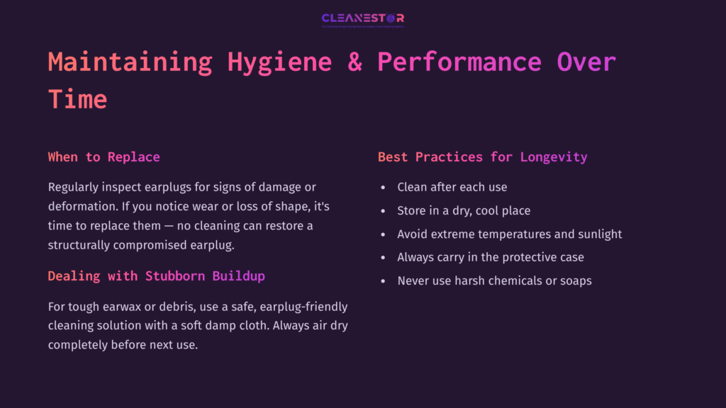 Text On A Dark Purple Background Outlining Earplug Maintenance Tips, Featuring Sections On Replacement, Stubborn Buildup, And Best Practices.