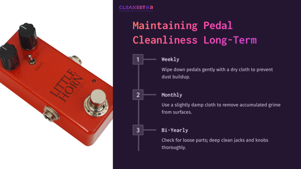 Red Guitar Pedal Labeled &Quot;Little Horn&Quot; Next To A Clean Maintenance Schedule Showing Weekly, Monthly, And Bi-Yearly Cleaning Tasks.