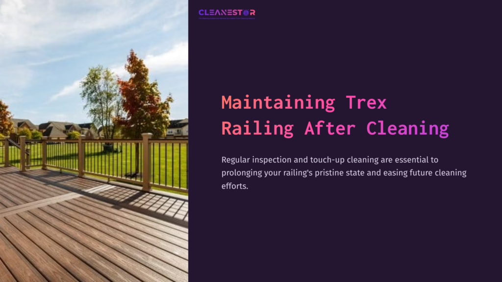 A Wooden Deck With Trex Railing Overlooks A Green Lawn And Trees Under A Clear Sky, Highlighting Maintenance Advice In Text.