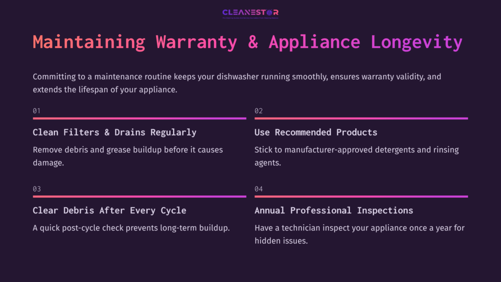 A Clean, Modern Layout Featuring A Purple Background, Text In Pink And White Outlining Tips For Maintaining Dishwashers And Ensuring Longevity.