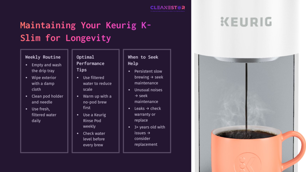 Keurig K-Slim Machine With A Coffee Cup Beneath, Set Against A Dark Purple Background Highlighting Cleaning Tips And Maintenance Advice.