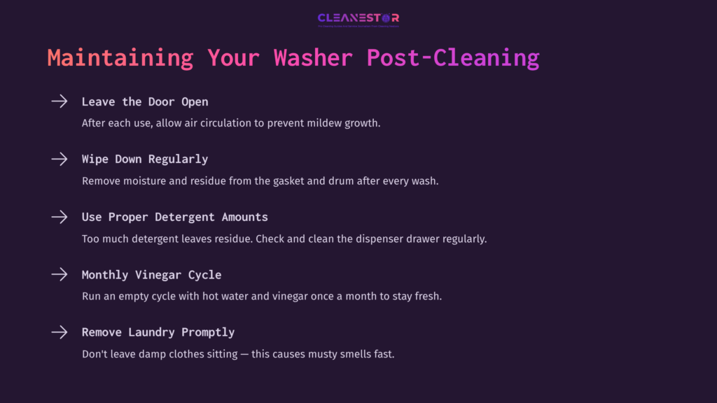 Text On A Dark Purple Background Outlines Washer Maintenance Tips, Including Door Opening, Regular Washing, And Cleaning The Dispenser.