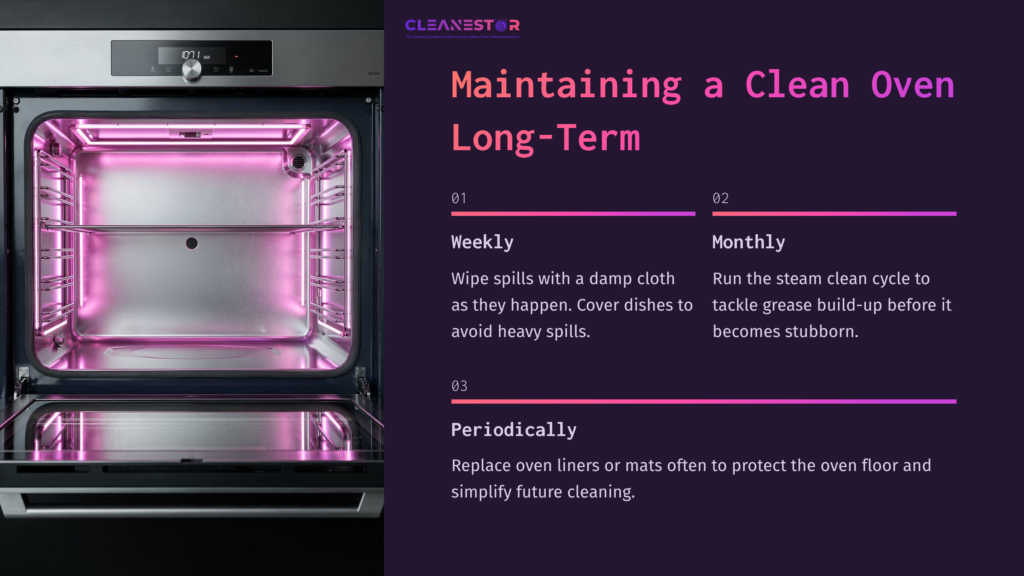 Oven Interior With Pink Lights, Featuring Cleaning Tips On Maintaining A Clean Oven, Outlined In Numbered Sections.
