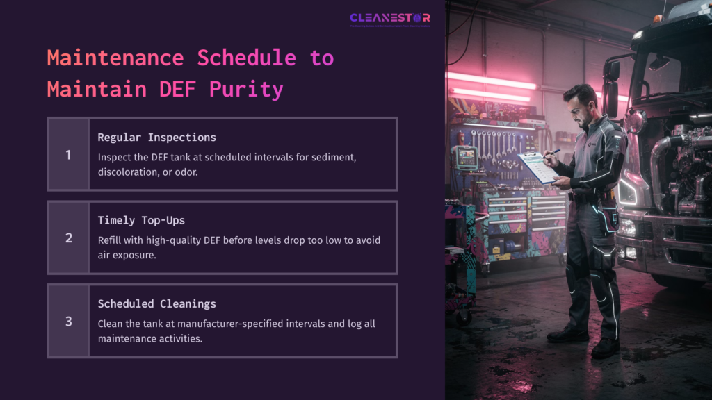 9 Maintenance Schedule To Maintain Def Purity A Mechanic Checks A Digital Tablet Next To A Colorful, Well-Lit Workshop With A Truck, Emphasizing Maintenance Steps For Def Purity.